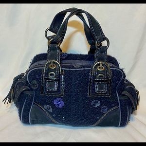 Coach Soho Tweed Boucle Wool Flowers Sequins Midnight Blue Satchel